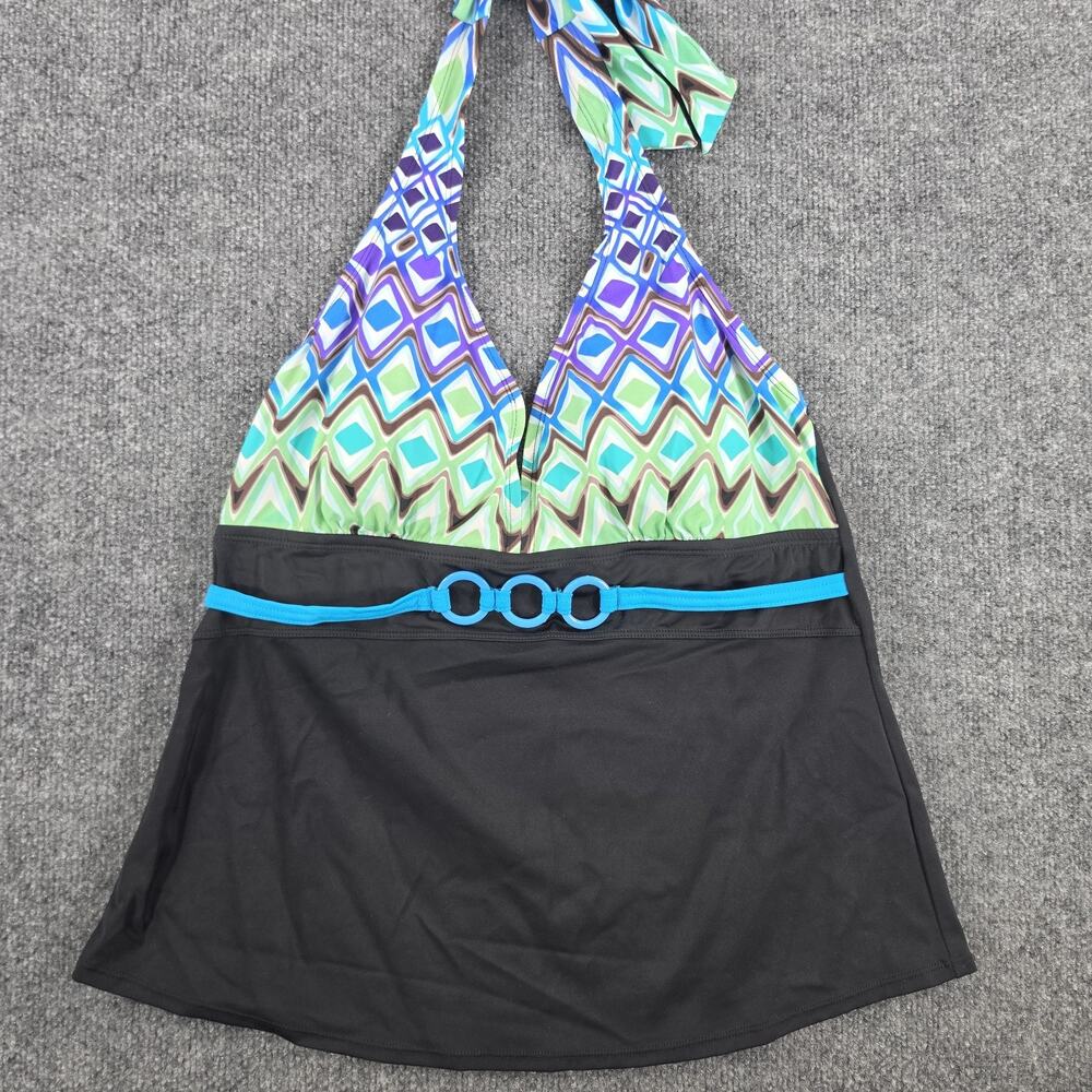 Fashion Bug Women's Tankini Top Size 12 Black Multicolor Halter Padded Swim